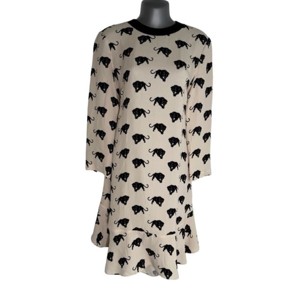 A.L.C. Womens Tiger Print Dress Round Neck Long‎ Sleeve Ruffle Hem White Size S
